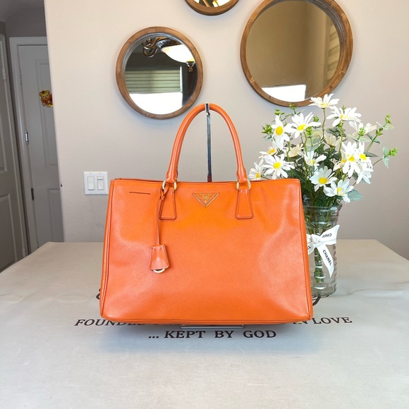 Prada Handbags - Prada Orange Leather Saffiano Lux Totes Satchel